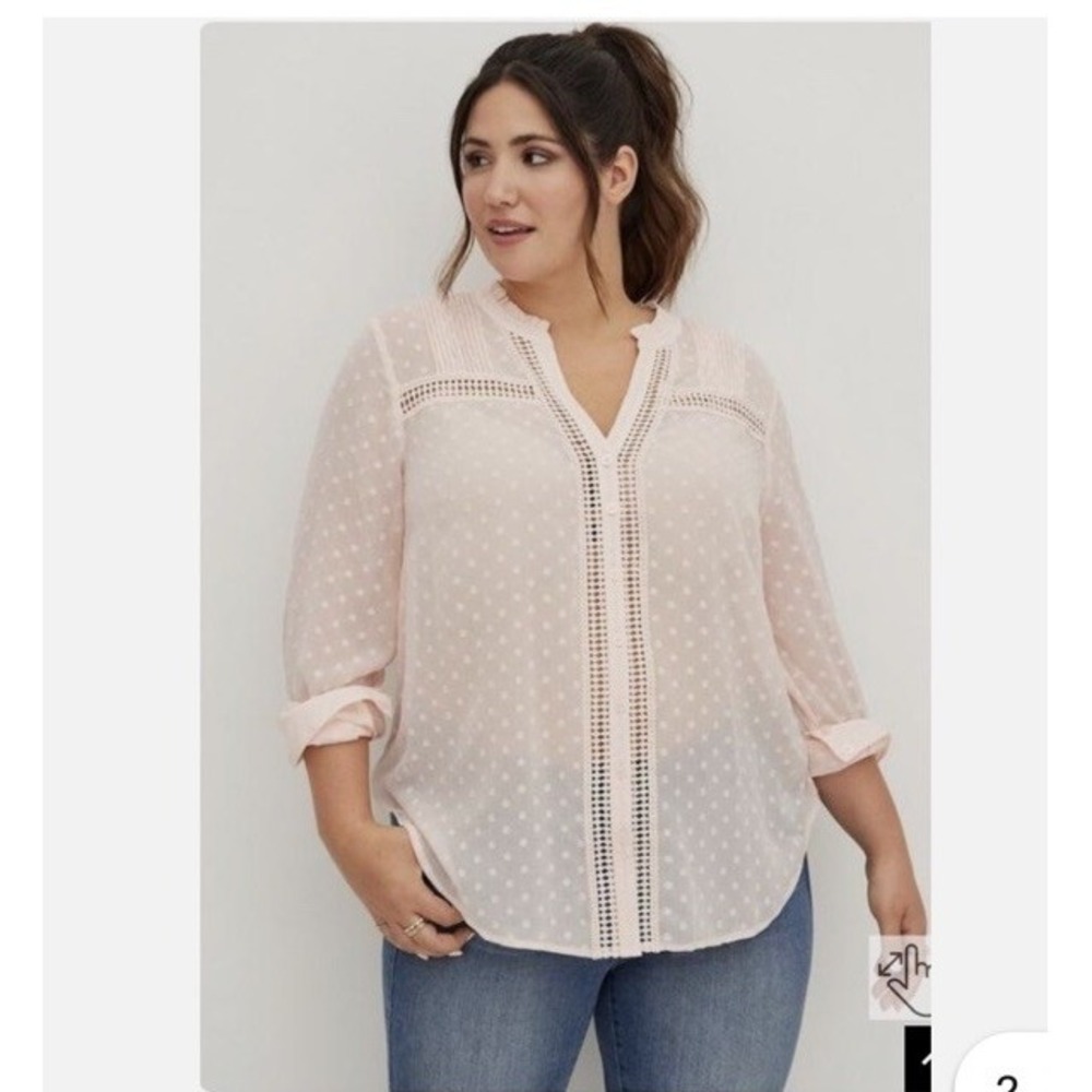 Torrid 1X Sheer Chiffon Blouse Swiss Dot Lace Inset Pale Pink Button Up Plus Top